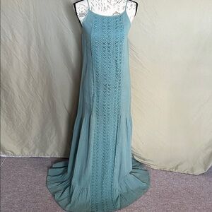 Earthbound teal crinkle cotton maxi dress spaghetti straps embroidered